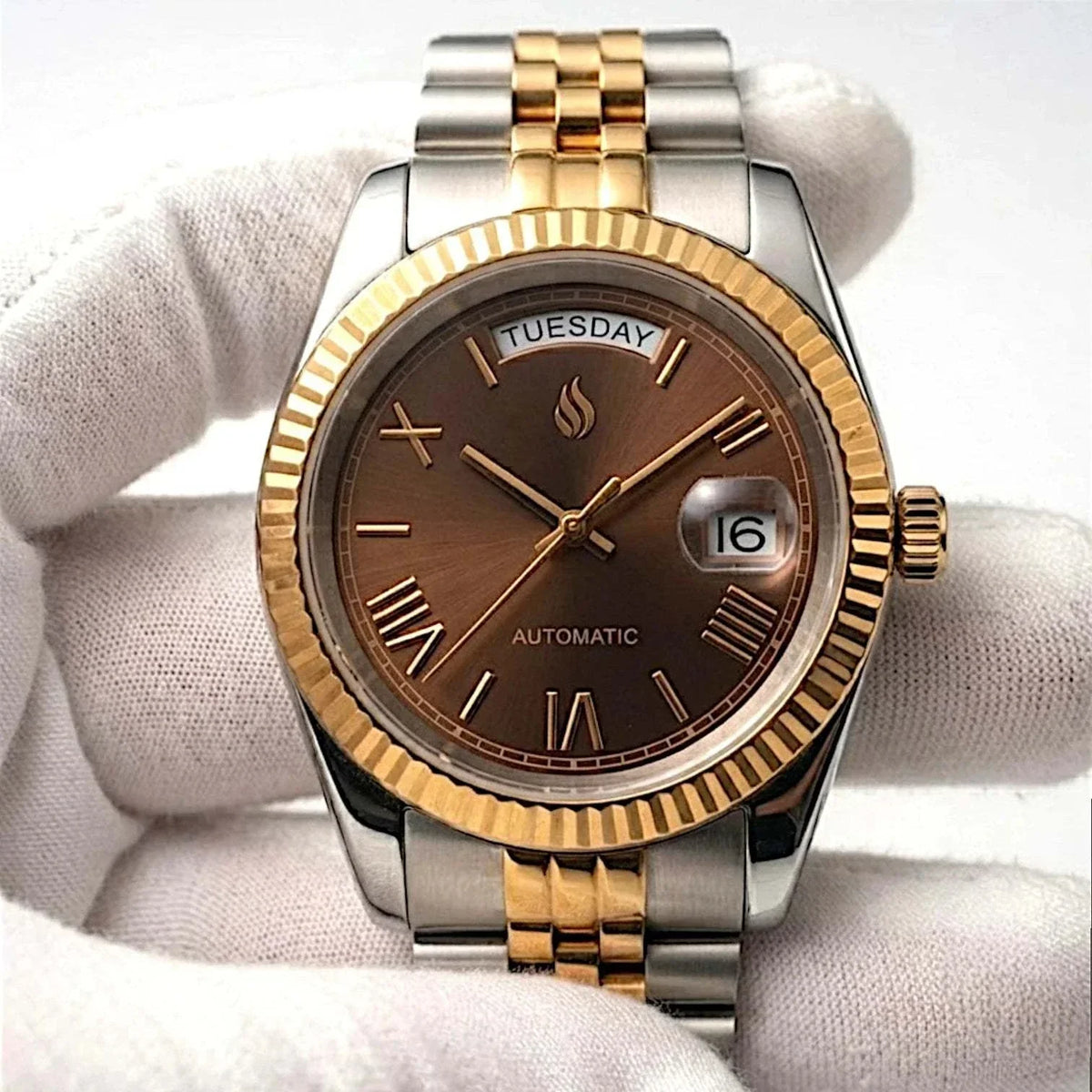 Seiko Mod DayDate watch with gold chocolate Roman numerals dial by Modtime Creations