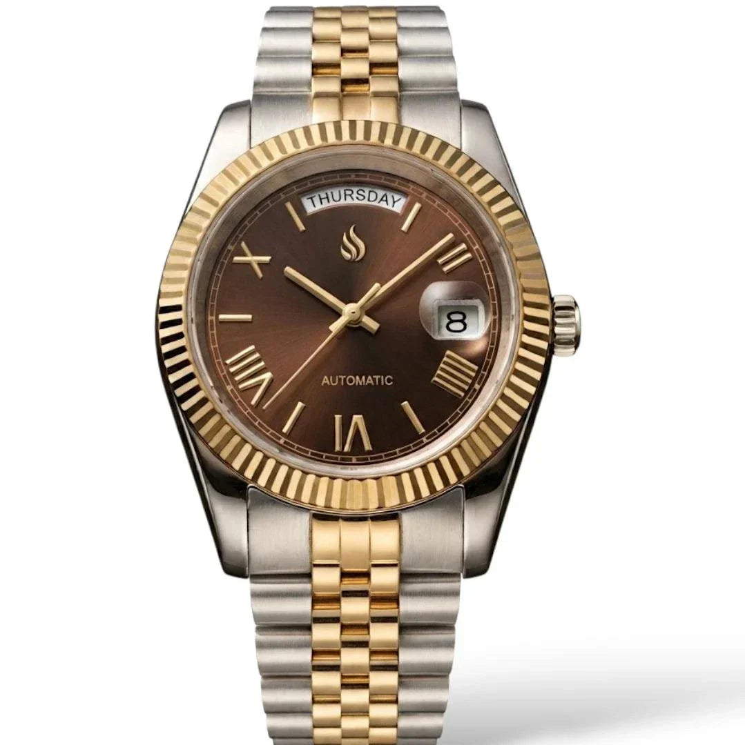 Seiko Mod DayDate watch with gold chocolate Roman numerals dial by Modtime Creations