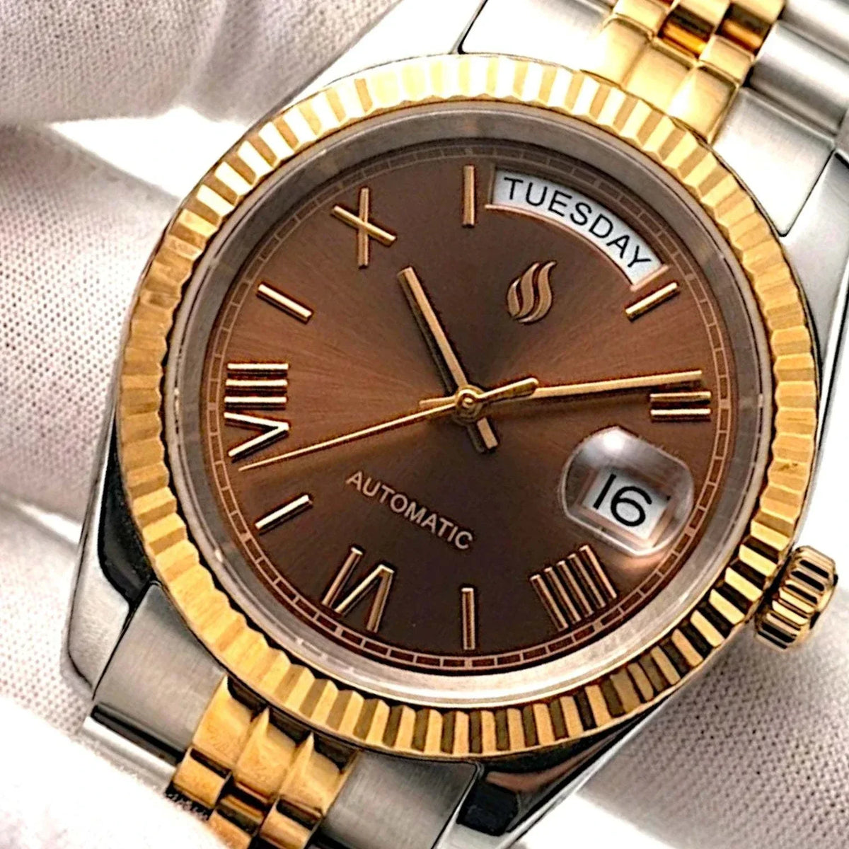 Seiko Mod DayDate watch with gold chocolate Roman numerals dial by Modtime Creations