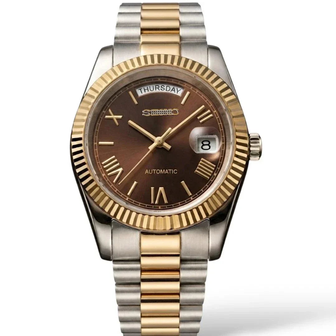 Seiko Mod DayDate watch with gold chocolate Roman numerals dial by Modtime Creations