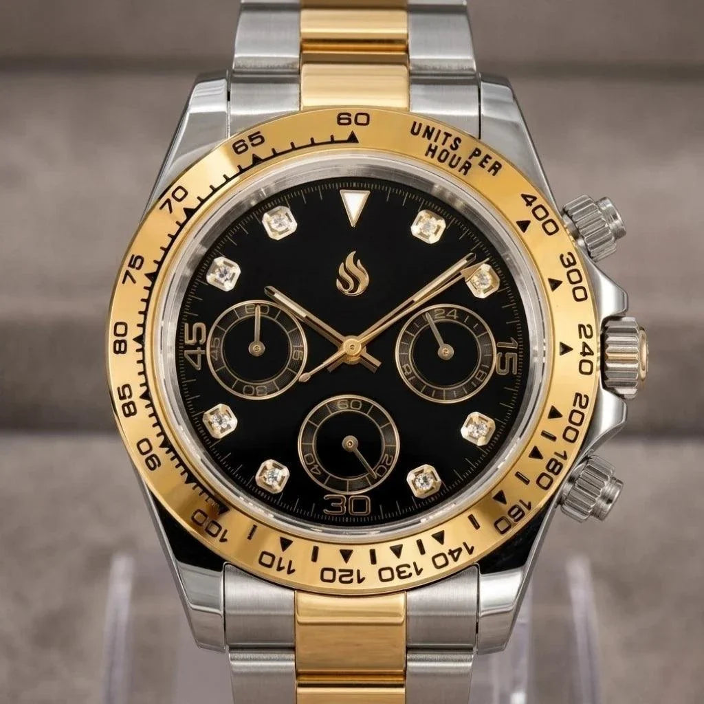 Seiko Mod Daytona Gold Two-Tone Bracelet black dial with gem markers built by Modtime Creations