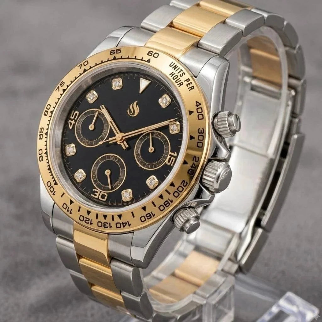 Seiko Mod Daytona Gold Two-Tone Bracelet black dial with gem markers built by Modtime Creations