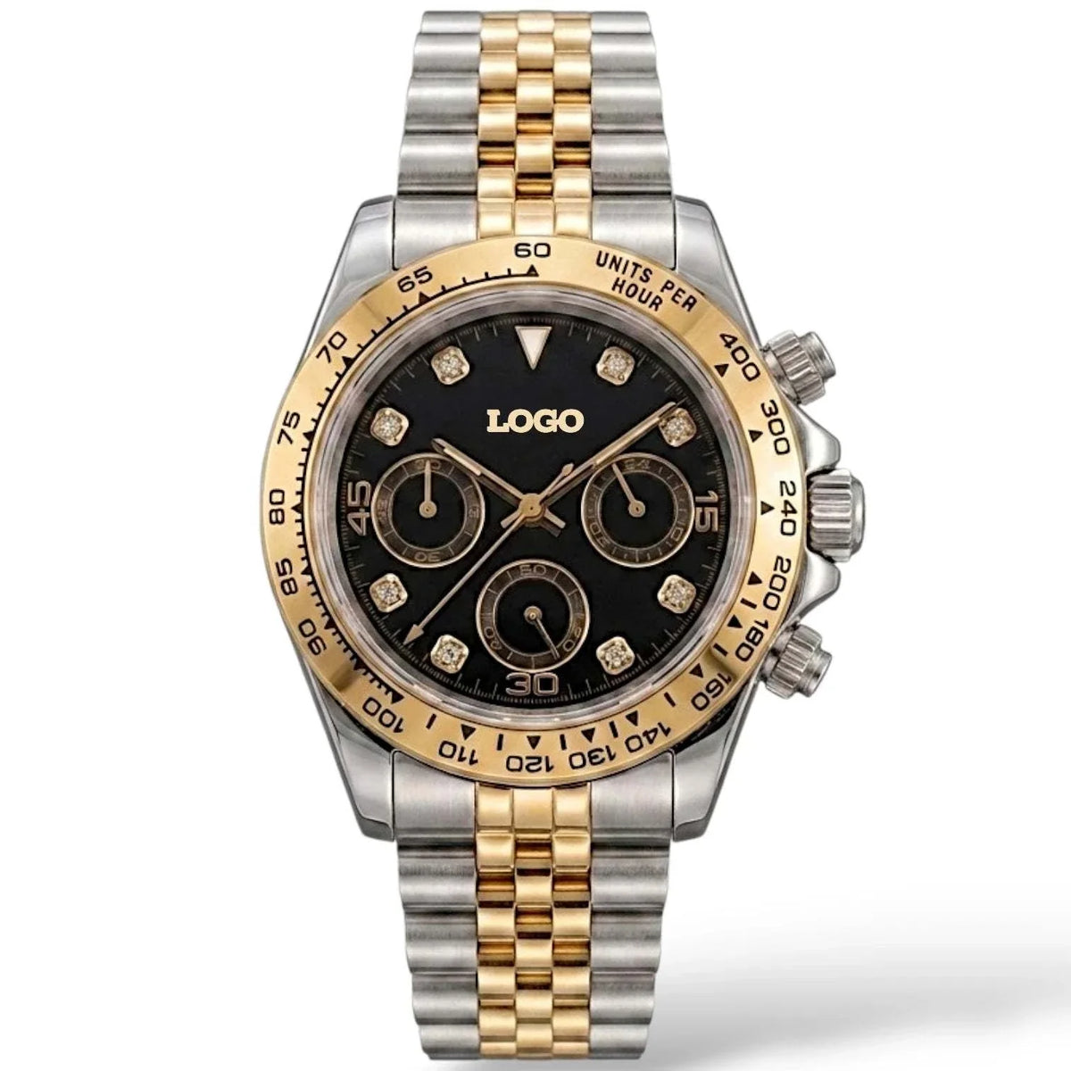 Seiko Mod Daytona Gold Two-Tone Bracelet black dial with gem markers built by Modtime Creations