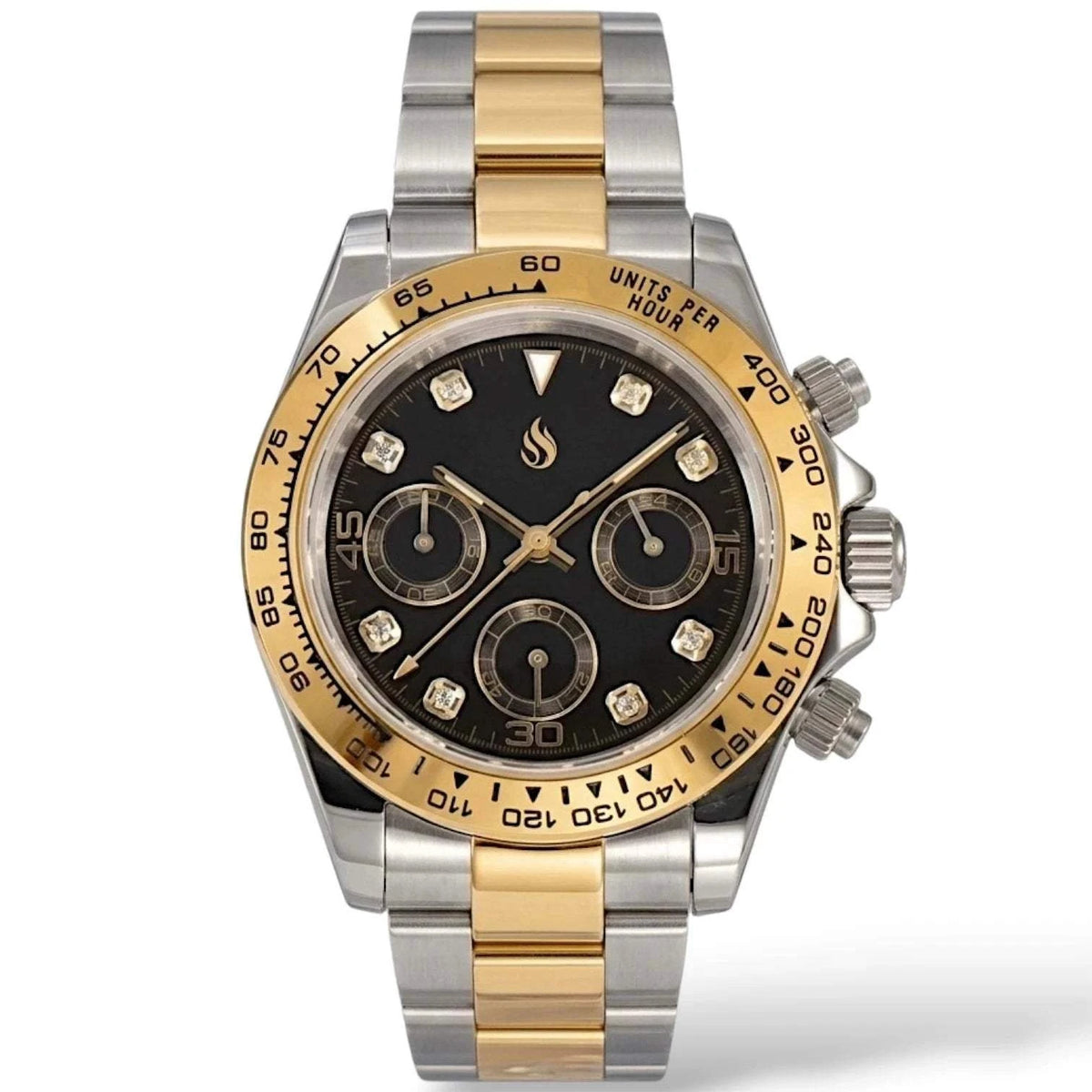 Seiko Mod Daytona Gold Two-Tone Bracelet black dial with gem markers built by Modtime Creations