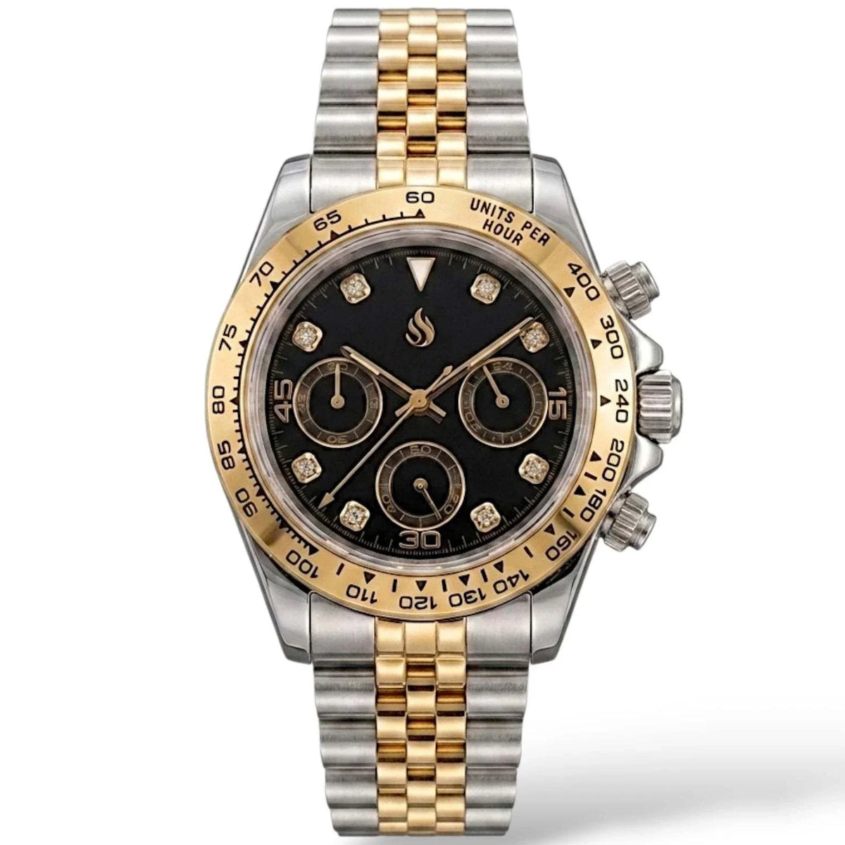 Seiko Mod Daytona Gold Two-Tone Bracelet black dial with gem markers built by Modtime Creations
