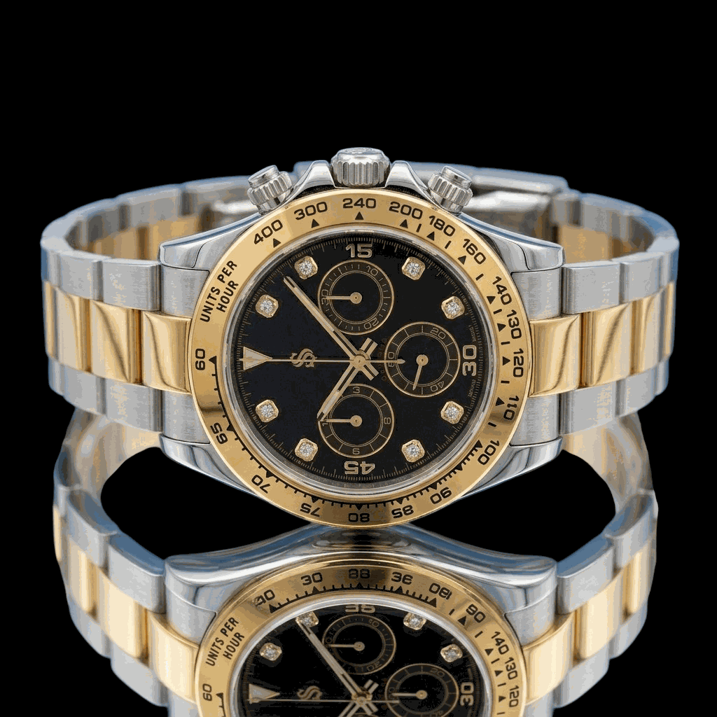 Seiko Mod Daytona Gold Two-Tone Bracelet black dial with gem markers built by Modtime Creations