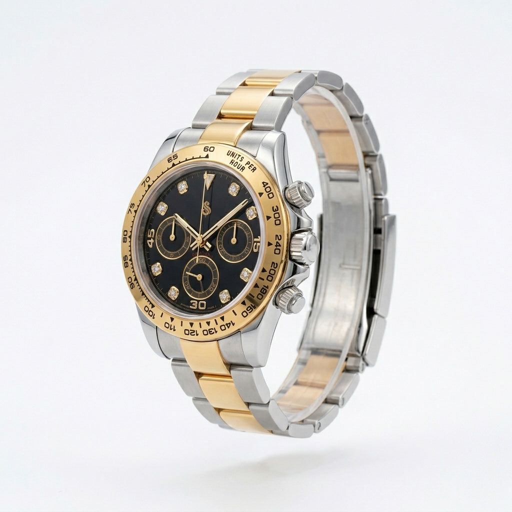 Seiko Mod Daytona Gold Two-Tone Bracelet black dial with gem markers built by Modtime Creations