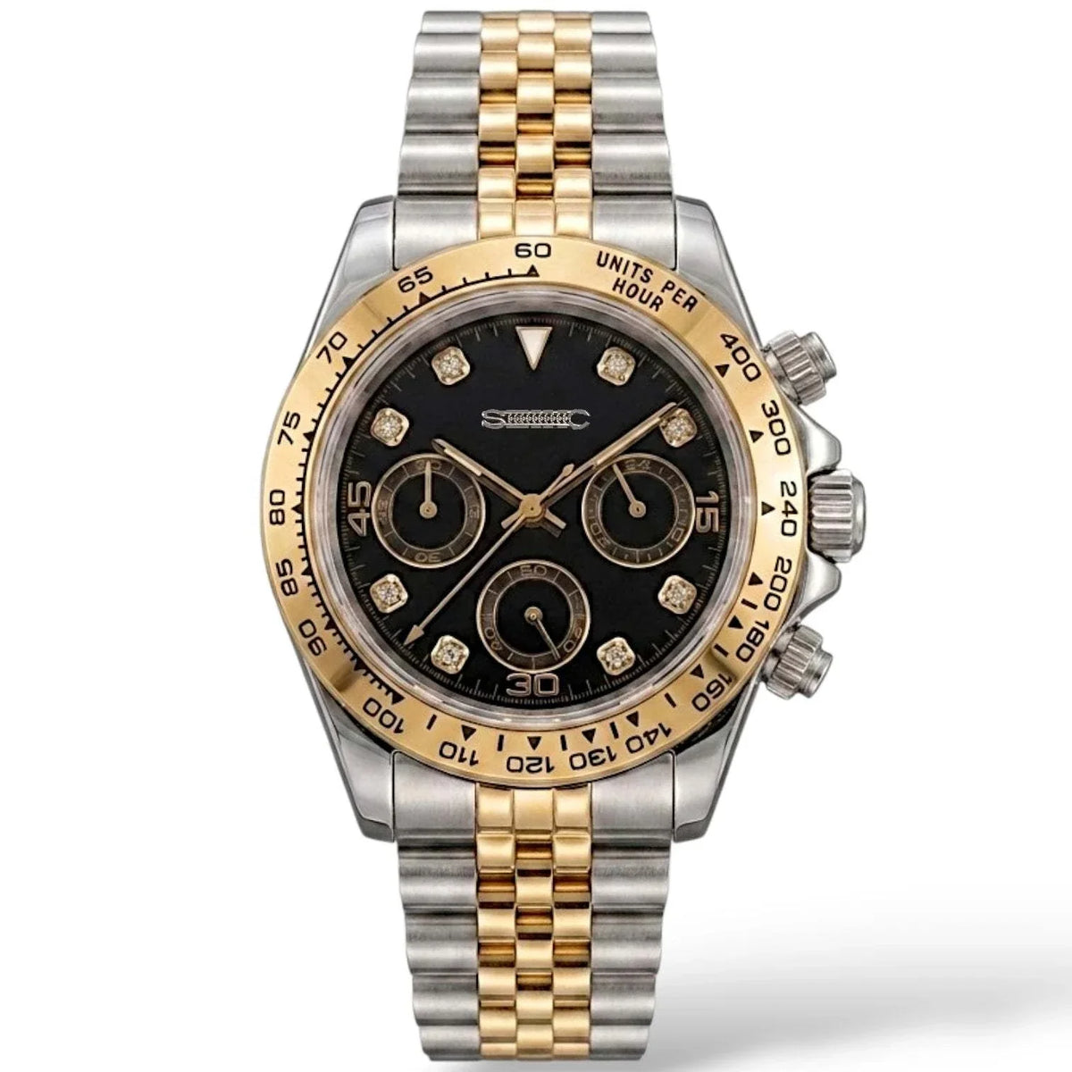 Seiko Mod Daytona Gold Two-Tone Bracelet black dial with gem markers built by Modtime Creations
