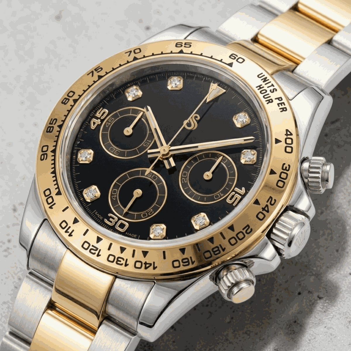 Seiko Mod Daytona Gold Two-Tone Bracelet black dial with gem markers built by Modtime Creations