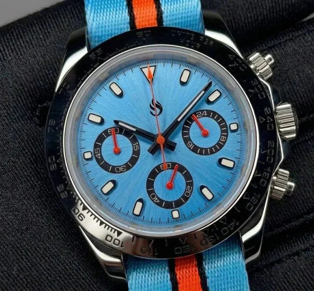 Seiko Mod Daytona Tiffany Blue with orange hands "Racing' Edition by Modtime Creations 