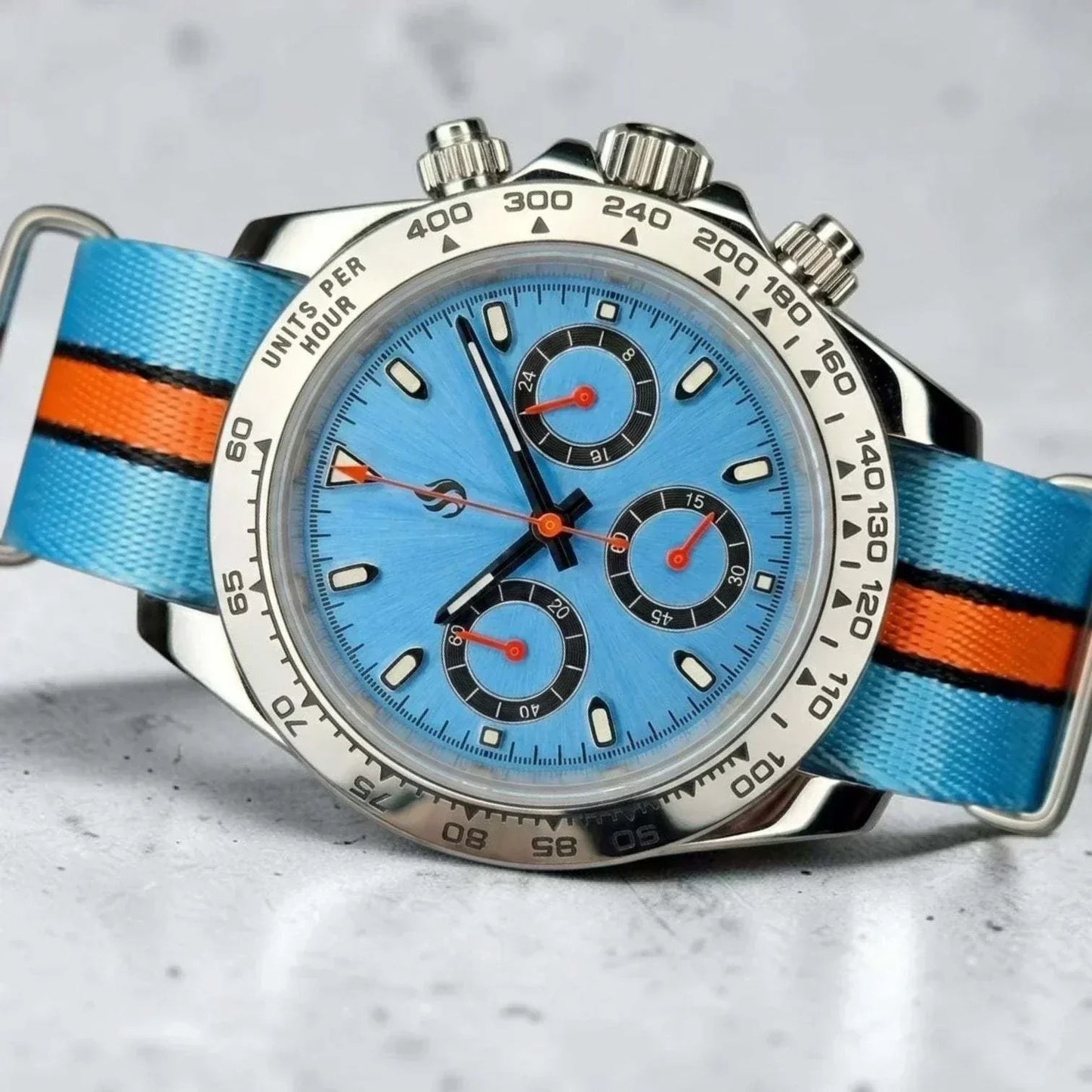 Seiko Mod Daytona Tiffany Blue with orange hands "Racing' Edition by Modtime Creations 
