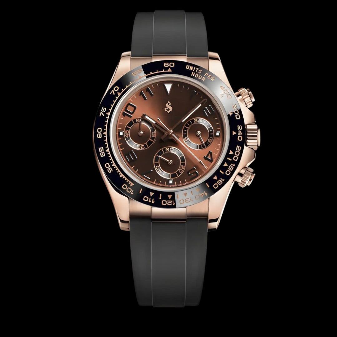 Seiko Mod Daytona rose gold case with chocolate bronze dial luxury chronograph watch at Modtime Creations