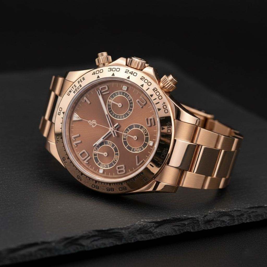 Seiko Mod Daytona rose gold case with chocolate bronze dial luxury chronograph watch at Modtime Creations