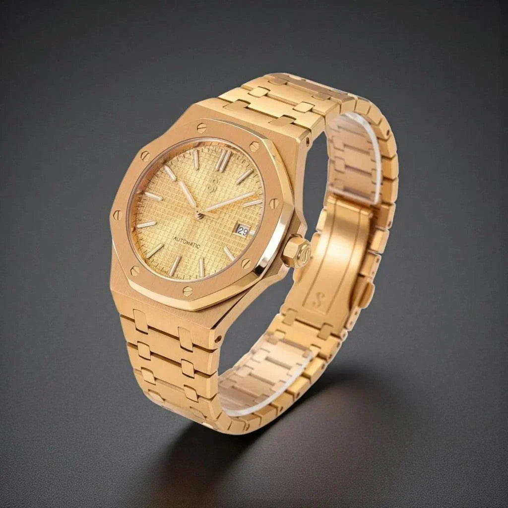 Seiko Mod Royal Oak Rose Gold custom watch with black dial and sapphire crystal