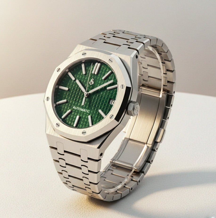 Seiko Mod Royal Oak luxury watch with green dial and stainless steel case by Modtime Creations