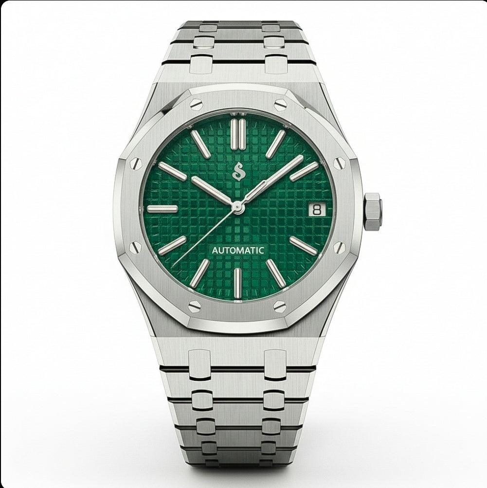 Seiko Mod Royal Oak luxury watch with green dial and stainless steel case by Modtime Creations