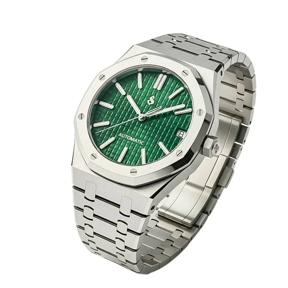 Seiko Mod Royal Oak luxury watch with green dial and stainless steel case by Modtime Creations