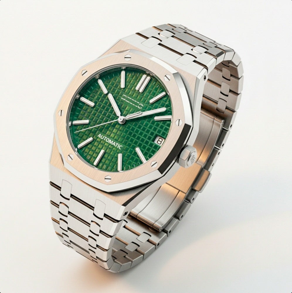 Seiko Mod Royal Oak luxury watch with green dial and stainless steel case by Modtime Creations