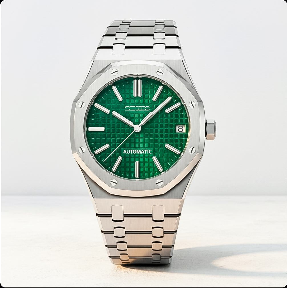 Seiko Mod Royal Oak luxury watch with green dial and stainless steel case by Modtime Creations