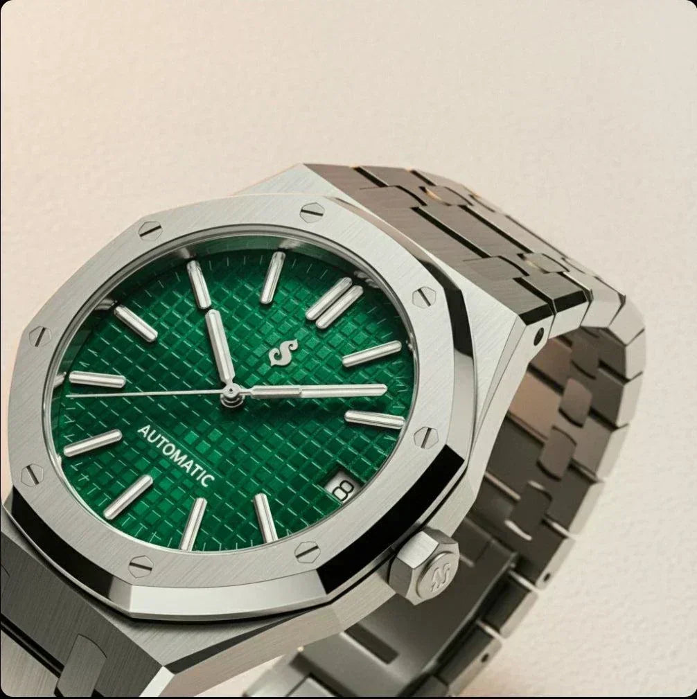 Seiko Mod Royal Oak luxury watch with green dial and stainless steel case by Modtime Creations by Modtime