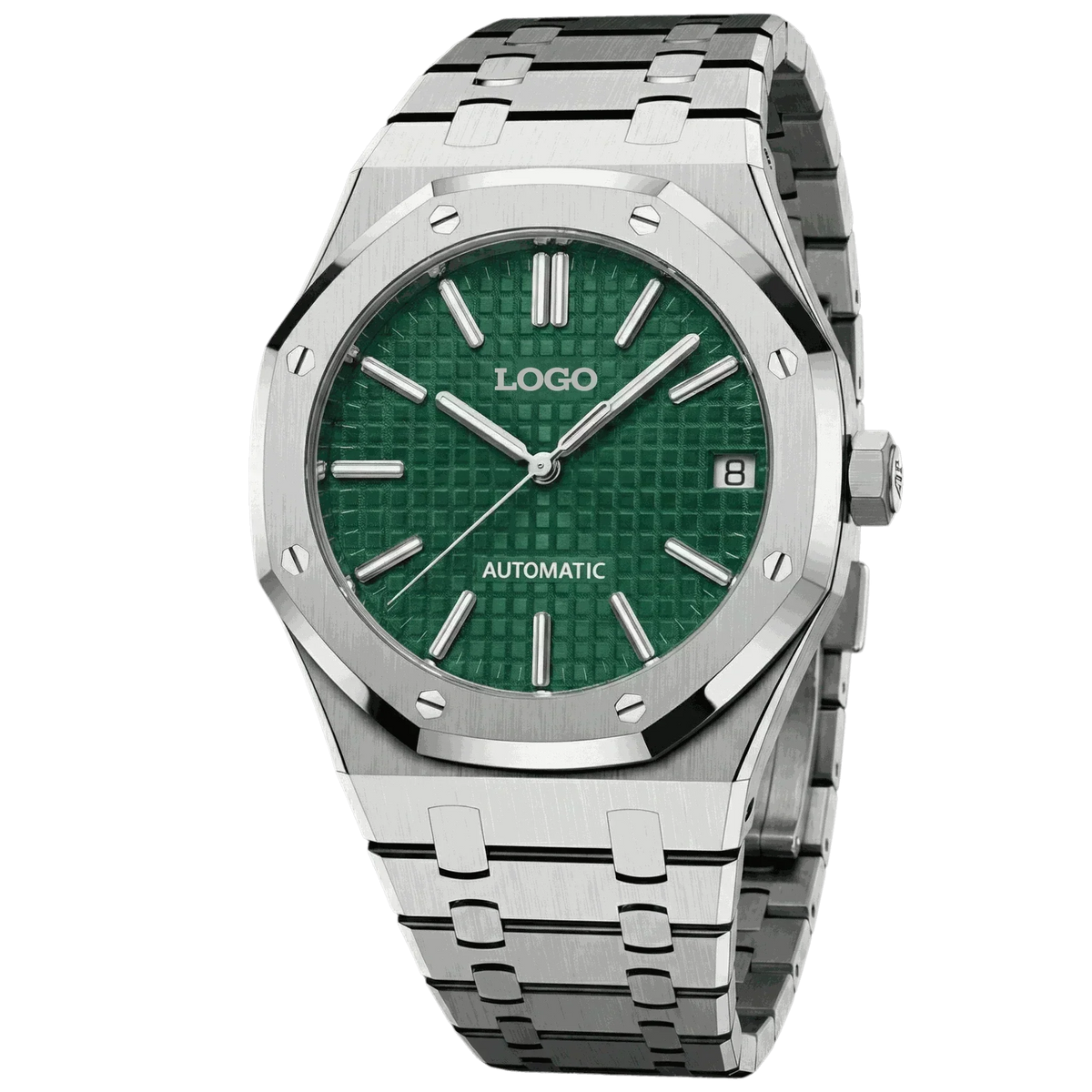 Seiko Mod Royal Oak luxury watch with green dial and stainless steel case by Modtime Creations