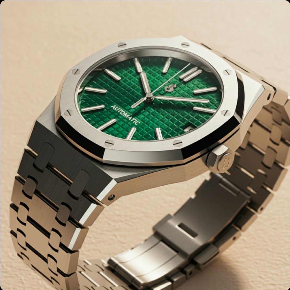 Seiko Mod Royal Oak luxury watch with green dial and stainless steel case by Modtime Creations