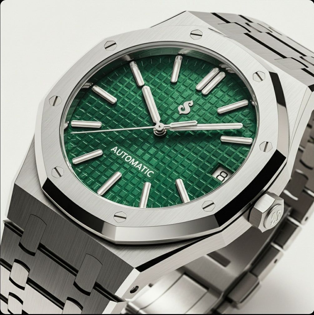 Seiko Mod Royal Oak luxury watch with green dial and stainless steel case by Modtime Creations