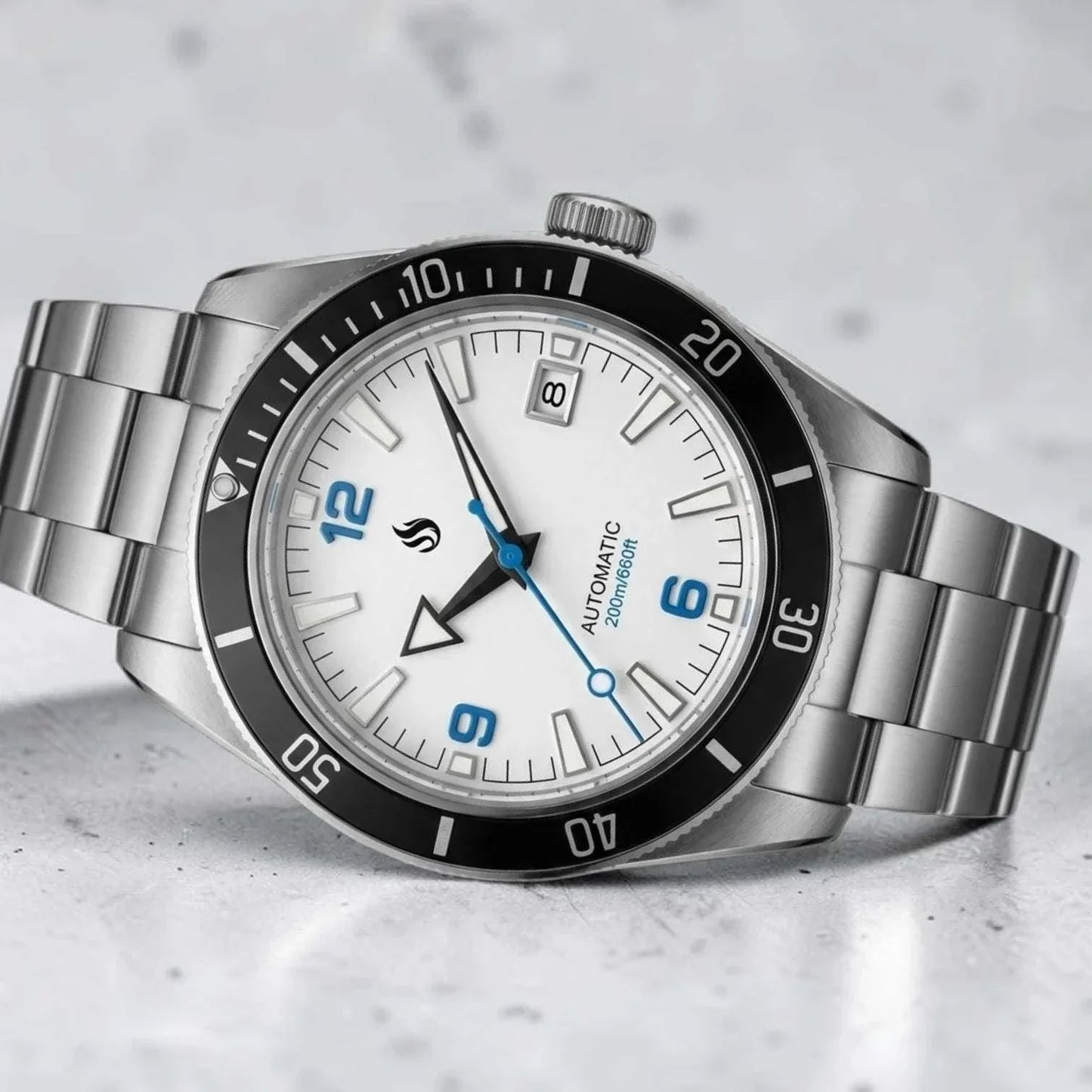 Seiko Mod Seamaster Tudor Fusion watch with a white dial and blue numbers by Modtime Creations 