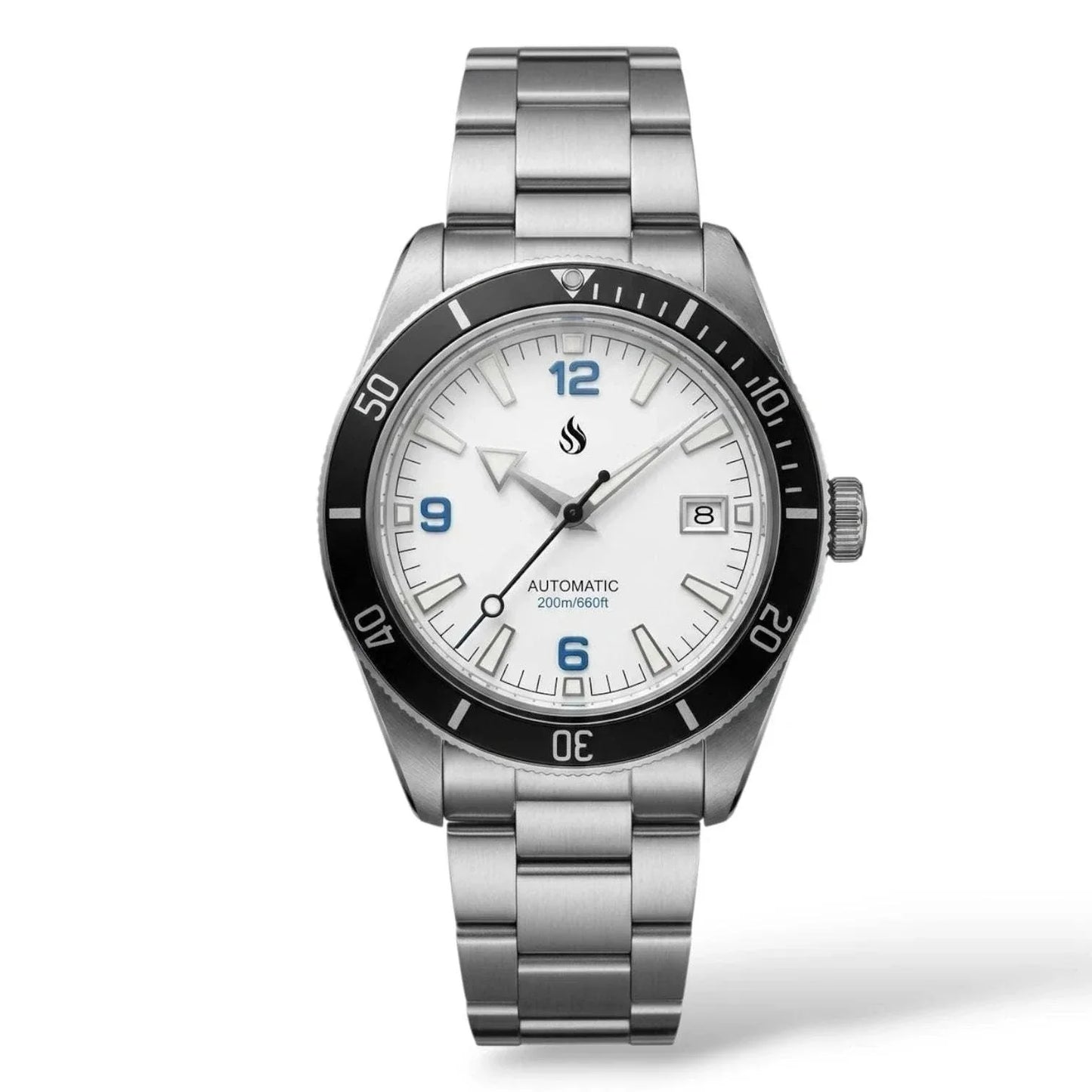 Seiko Mod Seamaster Tudor Fusion watch with a white dial and blue numbers by Modtime Creations 