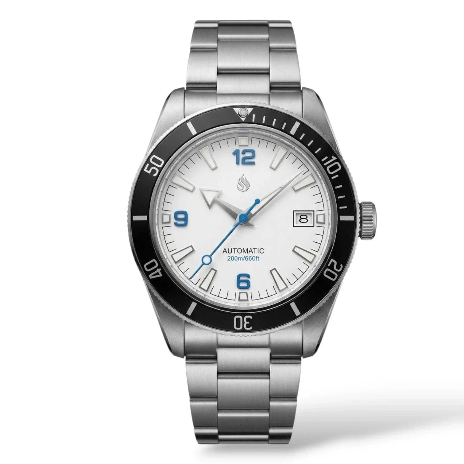 Seiko Mod Seamaster Tudor Fusion watch with a white dial and blue numbers by Modtime Creations 