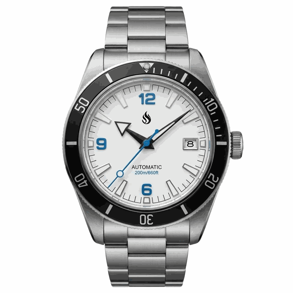 Seiko Mod Seamaster Tudor Fusion watch with a white dial and blue numbers by Modtime Creations 