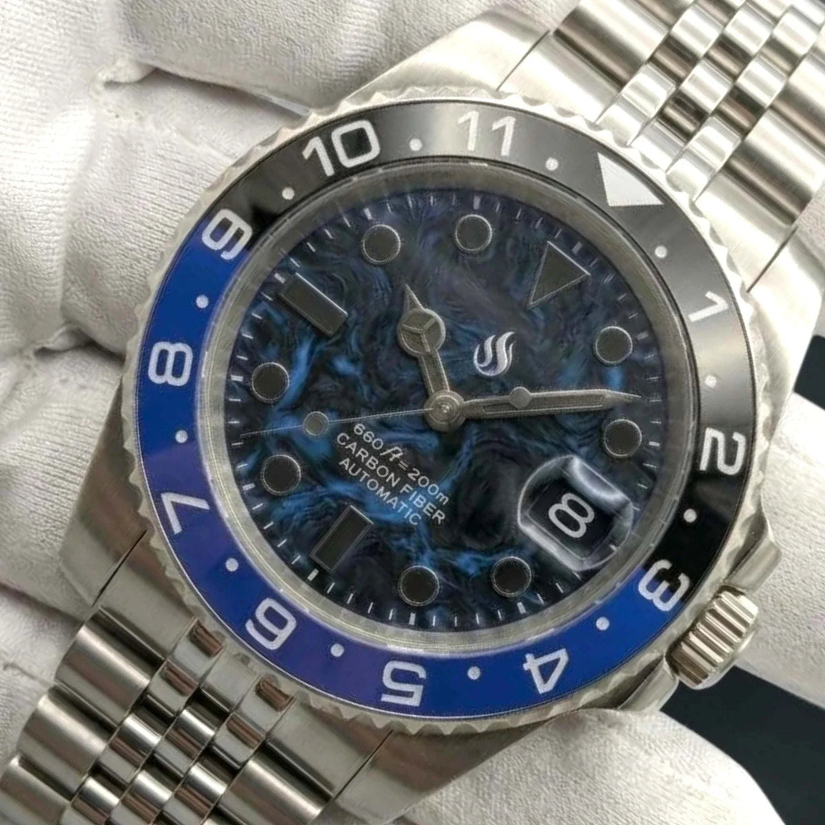 Seiko Mod Submariner Blue Black "Batman" Carbon Fiber Mod Watch built by Modtime Creations 