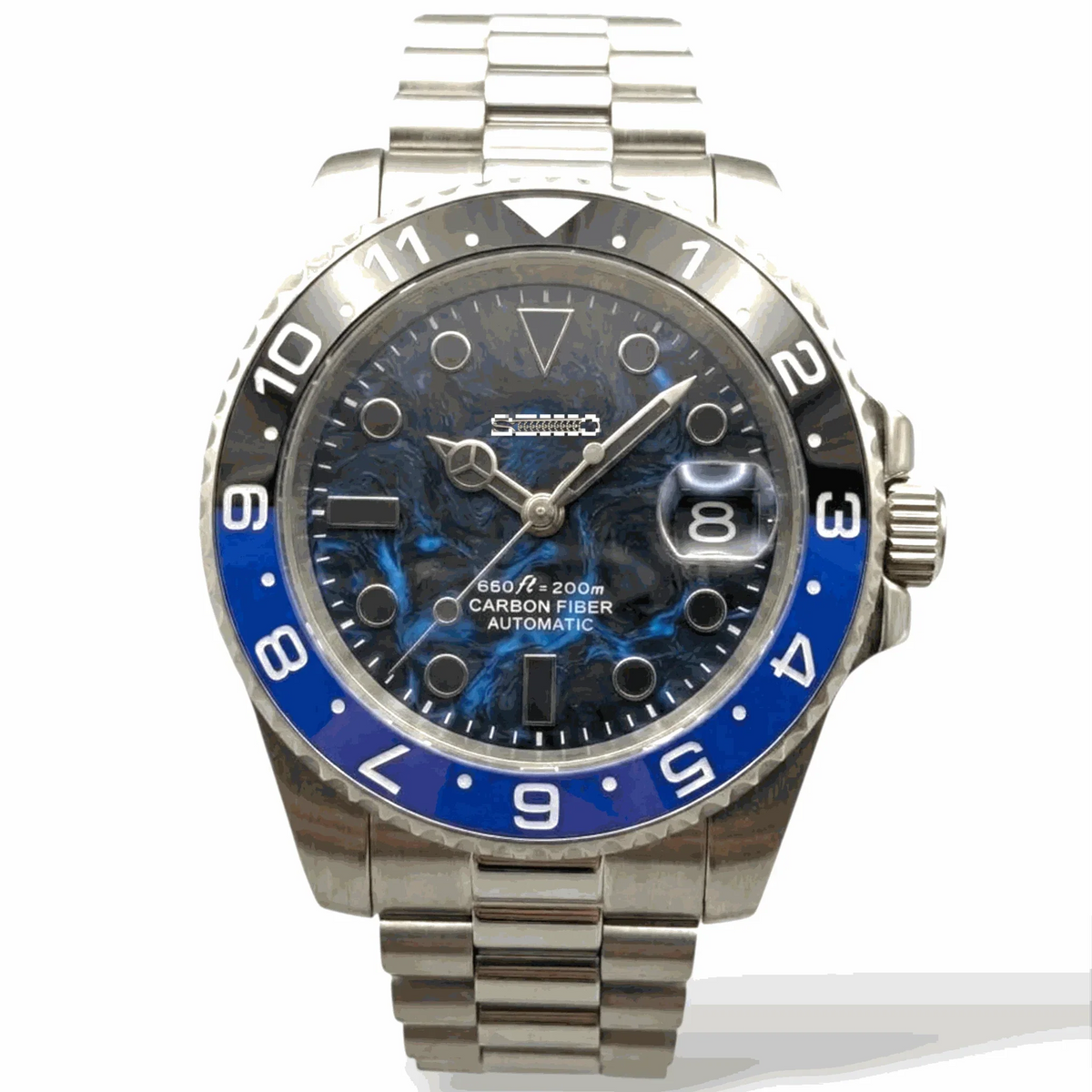 Seiko Mod Submariner Blue Black "Batman" Carbon Fiber Mod Watch built by Modtime Creations 