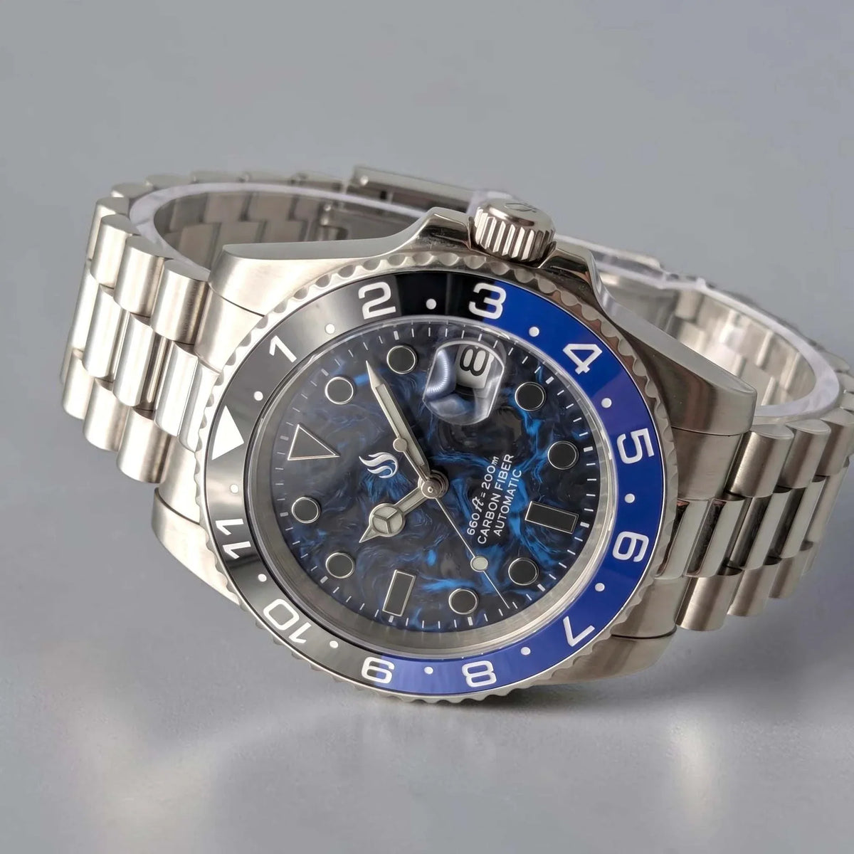 Seiko Mod Submariner Blue Black "Batman" Carbon Fiber Mod Watch built by Modtime Creations 