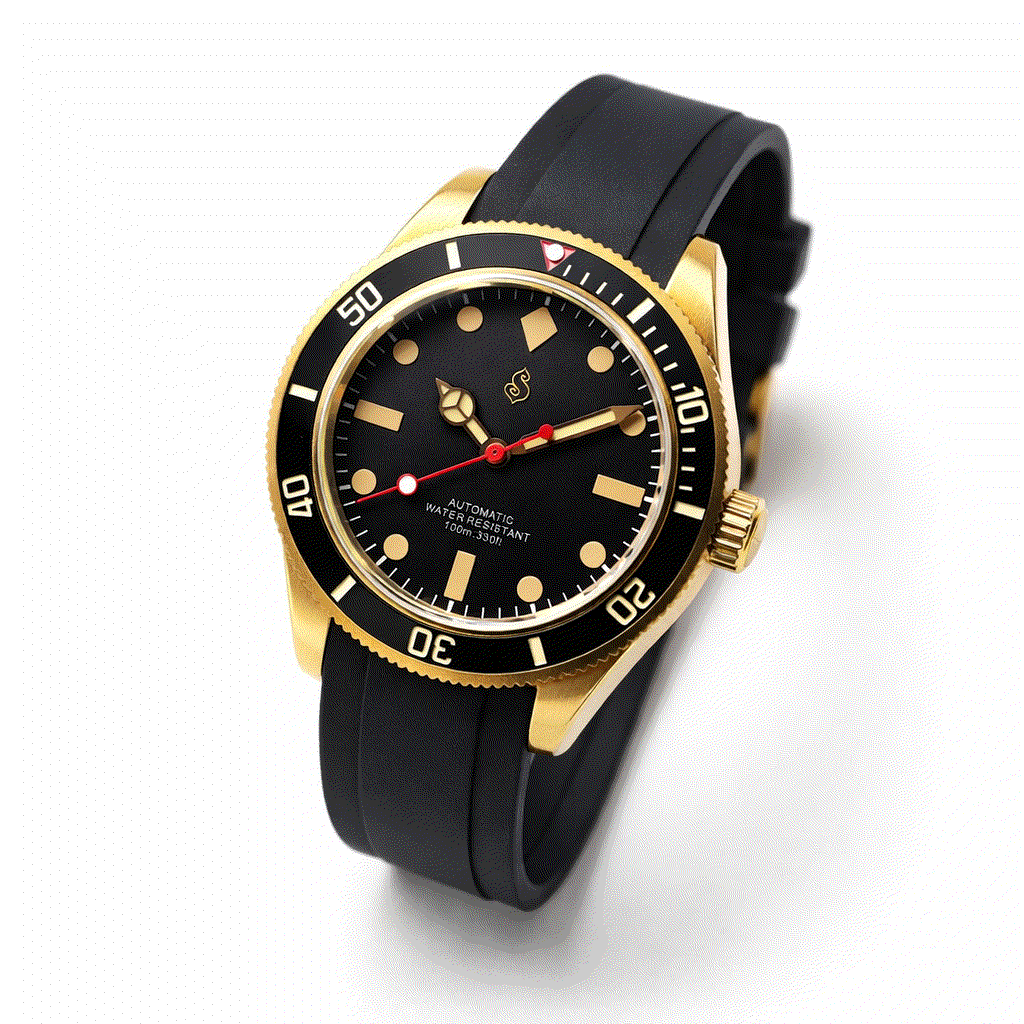 Seiko Mod Submariner Vintage Black Gold luxury 40mm diver watch with NH35 automatic movement and sapphire crystal by Modtime Creations