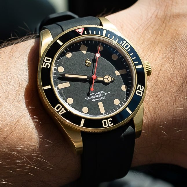 Seiko Mod Submariner Vintage Black Gold luxury 40mm diver watch with NH35 automatic movement and sapphire crystal by Modtime Creations