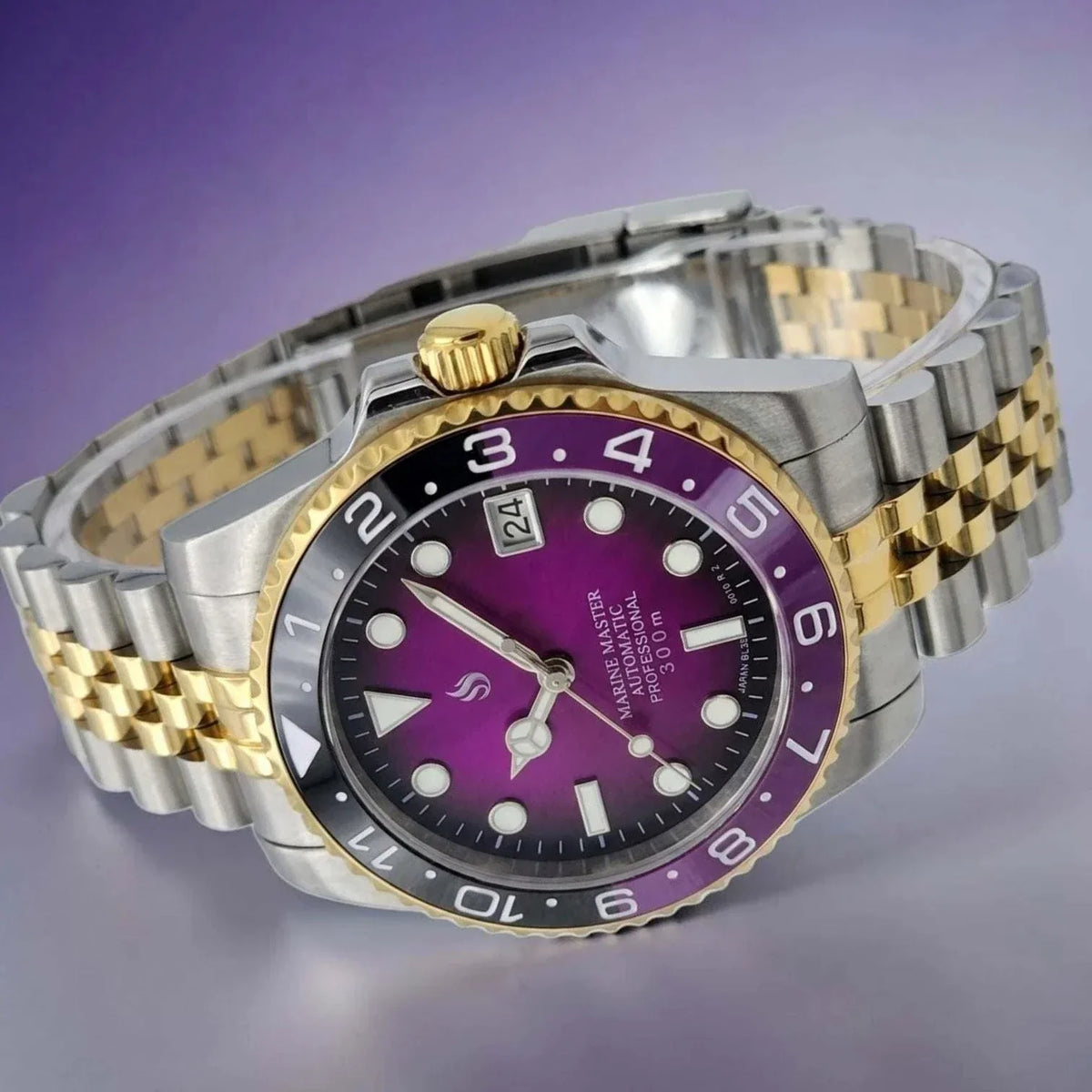 Seiko Mod Submariner Fuschia Purple Dial "Joker" Two-Tone watch built by modtime creations