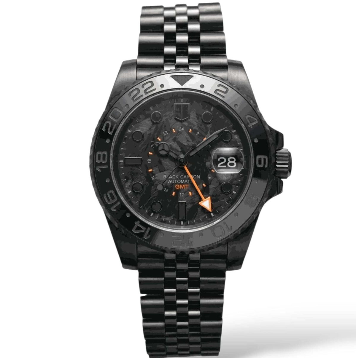 Seiko Mod Submariner GMT Carbon Fiber Stealth Black Orange watch built by Modtime Creations 
