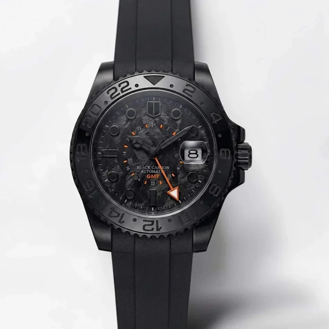 Seiko Mod Submariner GMT Carbon Fiber Stealth Black Orange watch built by Modtime Creations 