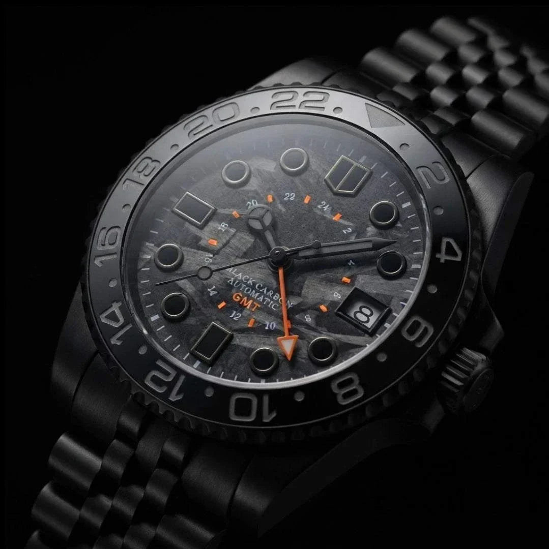 Seiko Mod Submariner GMT Carbon Fiber Stealth Black Orange watch built by Modtime Creations 
