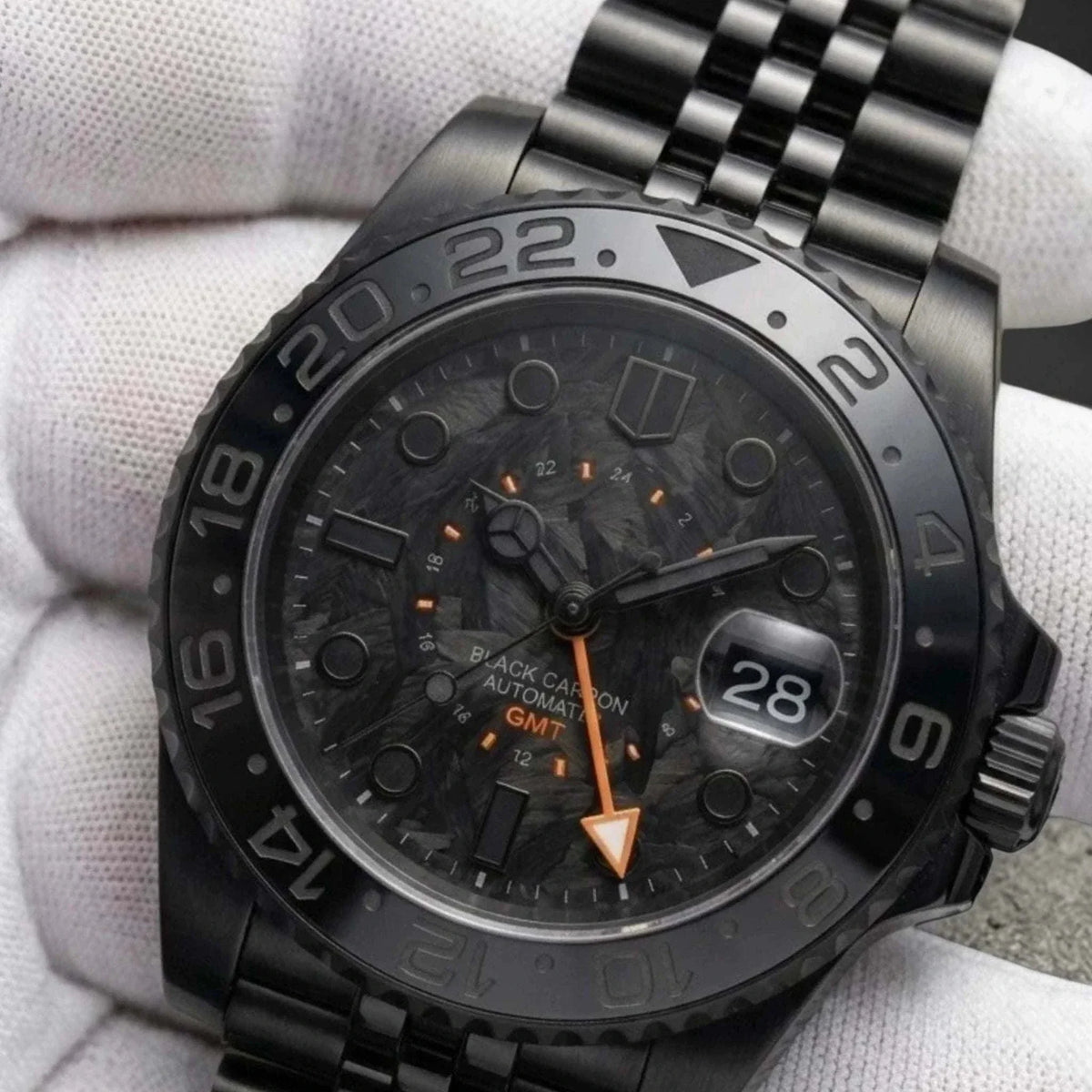SeikMariner Carbon Fiber Black Orange Stealth GMT Mod Watch - Modtime Creations
