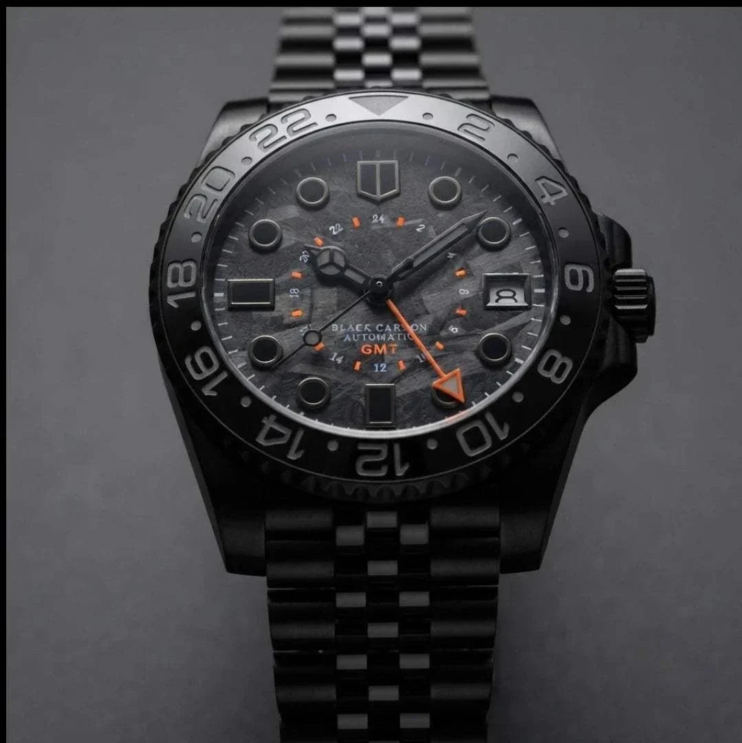 Seiko Mod Submariner GMT Carbon Fiber Stealth Black Orange watch built by Modtime Creations 