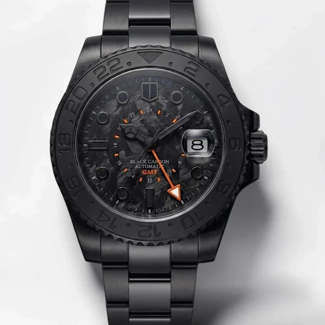 Seiko Mod Submariner GMT Carbon Fiber Stealth Black Orange watch built by Modtime Creations 