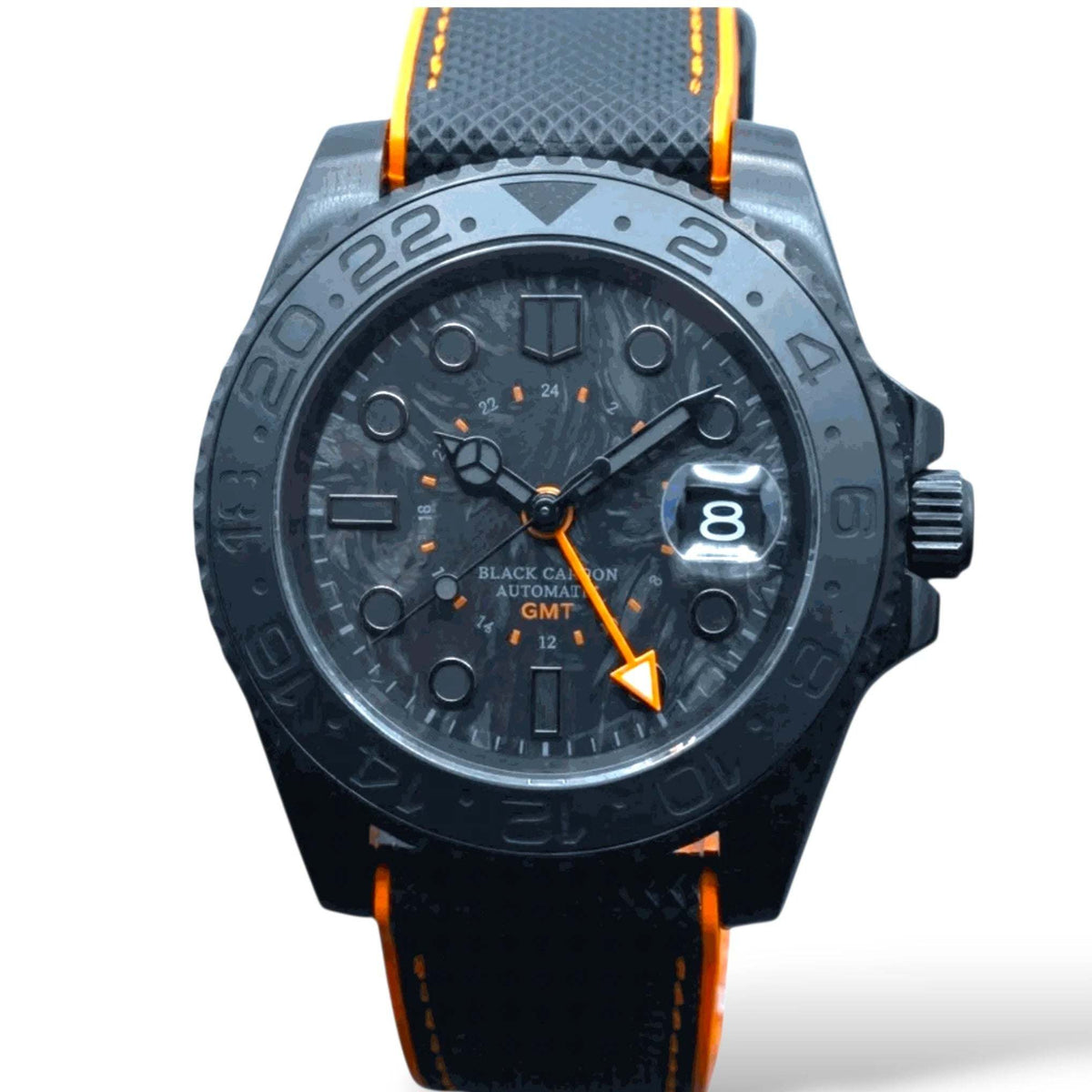 Seiko Mod Submariner GMT Carbon Fiber Stealth Black Orange watch built by Modtime Creations 