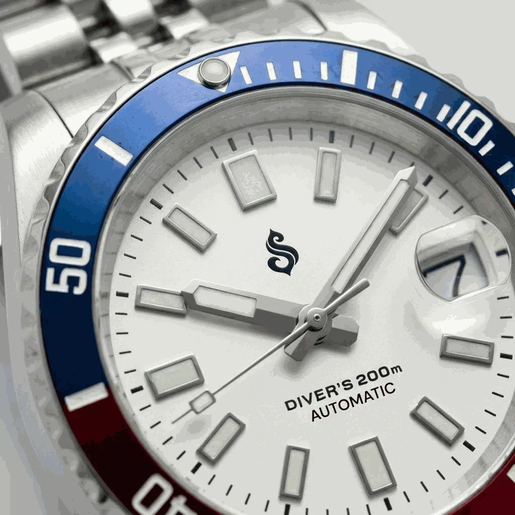 Seiko Mod Submariner Homage "Red Blue Superman"stainless steel bracelet and ceramic bezel by Modtime