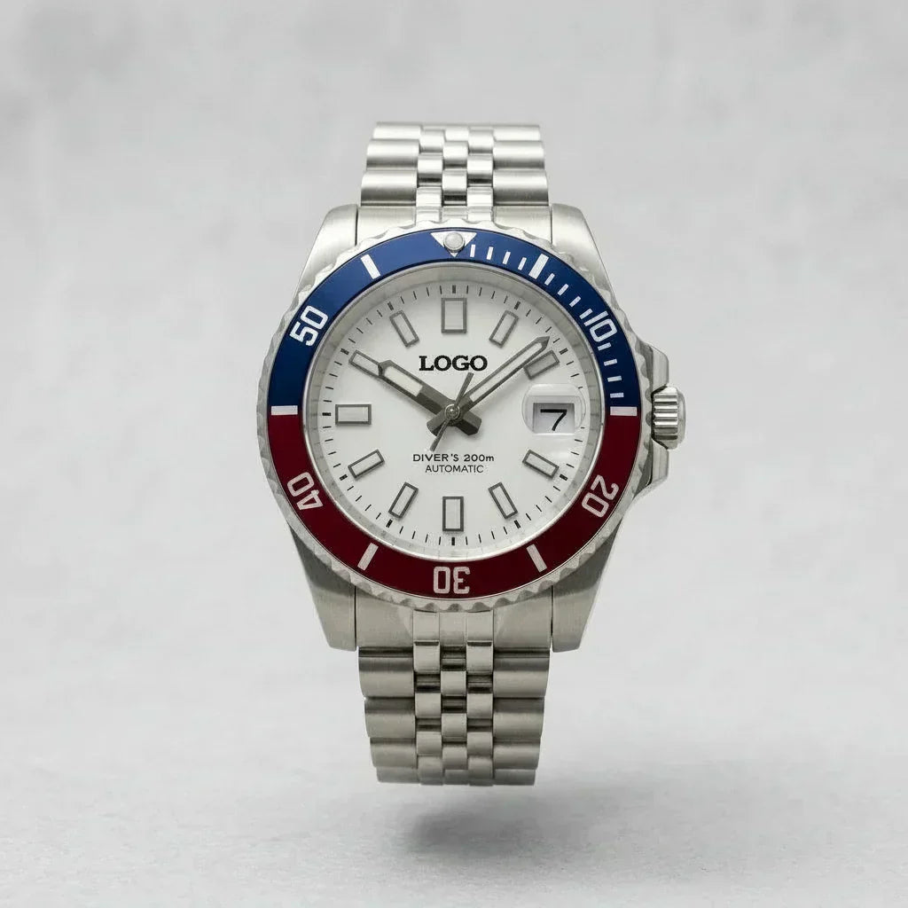 Seiko Mod Submariner Homage "Red Blue Superman"stainless steel bracelet and ceramic bezel by Modtime