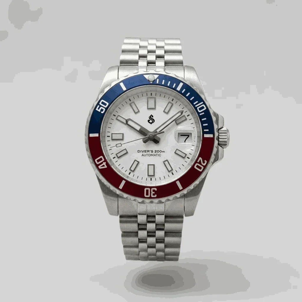 Seiko Mod Submariner Homage "Red Blue Superman"stainless steel bracelet and ceramic bezel by Modtime