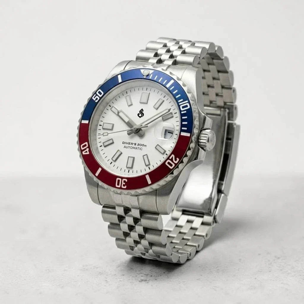 Seiko Mod Submariner Homage "Red Blue Superman"stainless steel bracelet and ceramic bezel by Modtime