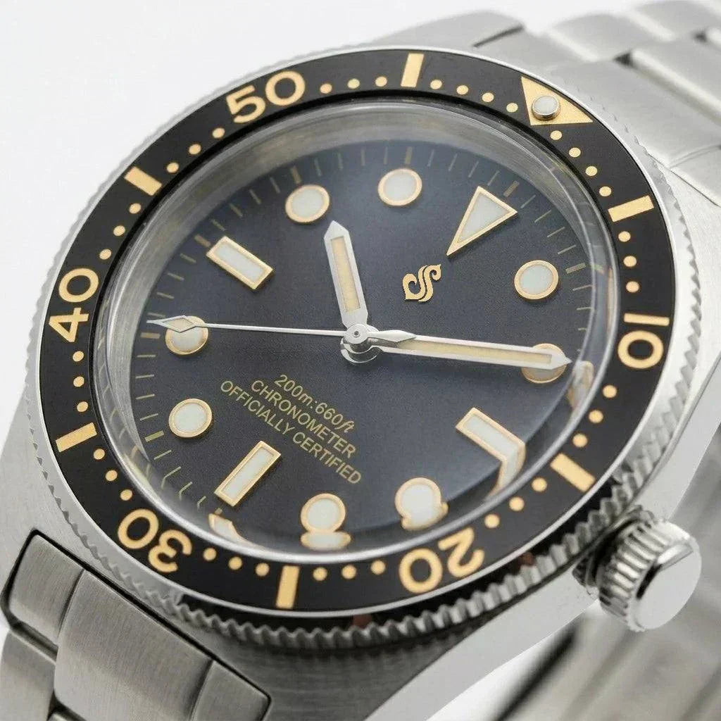 Seiko Mod Submariner Vintage 40 mm Sub Diver watch with black dial and gold accents by Modtime Creations