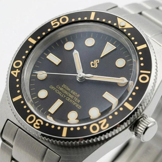 Seiko Mod Submariner Vintage 40 mm Sub Diver watch with black dial and gold accents by Modtime Creations